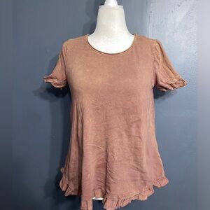 Altar’d State Women's Top Ruffle Short Sleeve Red Acid Wash Boho size small